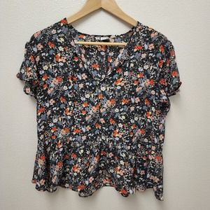 Gap Black Floral Blouse Cropped Ruffle Flowy Lightweight Women's Size S